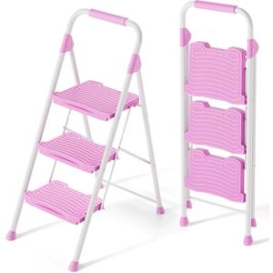 KINGRACK 3 Step Ladder, Sturdy Step Stool with Handrail, Anti-Slip Wide Pedals, 900lbs Foldable Step Stool for Home, Garage, Garden, Household, Large Loading Capacity, Pink