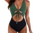 Blooming Jelly Womens Sexy One Piece Swimsuit Cut Out Slimming Bathing Suit V Neck Crisscross Back Swimwear (X-Large, Black Green)
