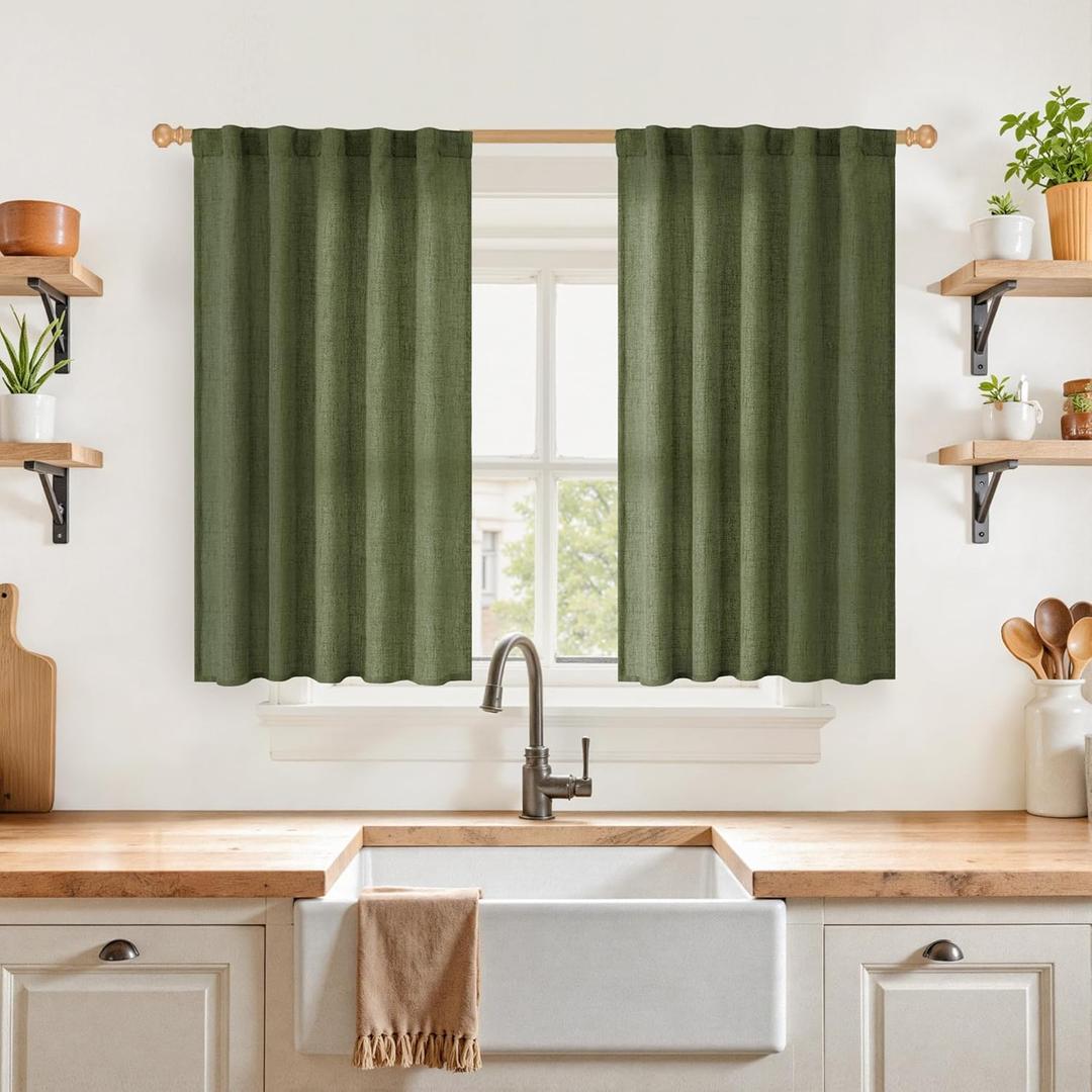YoungsTex Olive Green Linen Curtains 40 Inch Length for Kitchen Window, Short Semi Sheer Drapes Textured Light Filtering with Rod Pocket Back Tab for Cafe Bathroom, 2 Panels, 42 X 40 Inch