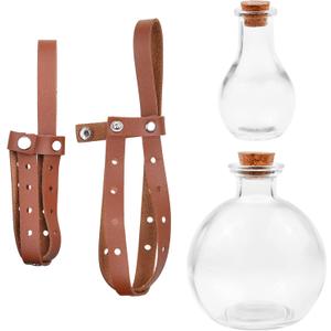 Eco-Fused Cosplay Potion Bottle with Holder - Clear Spherical, Wizard, Witch Costume Accessory - Stopper, Holder, Belt Loop (2x Potion Bottles Black Holders - Brown)