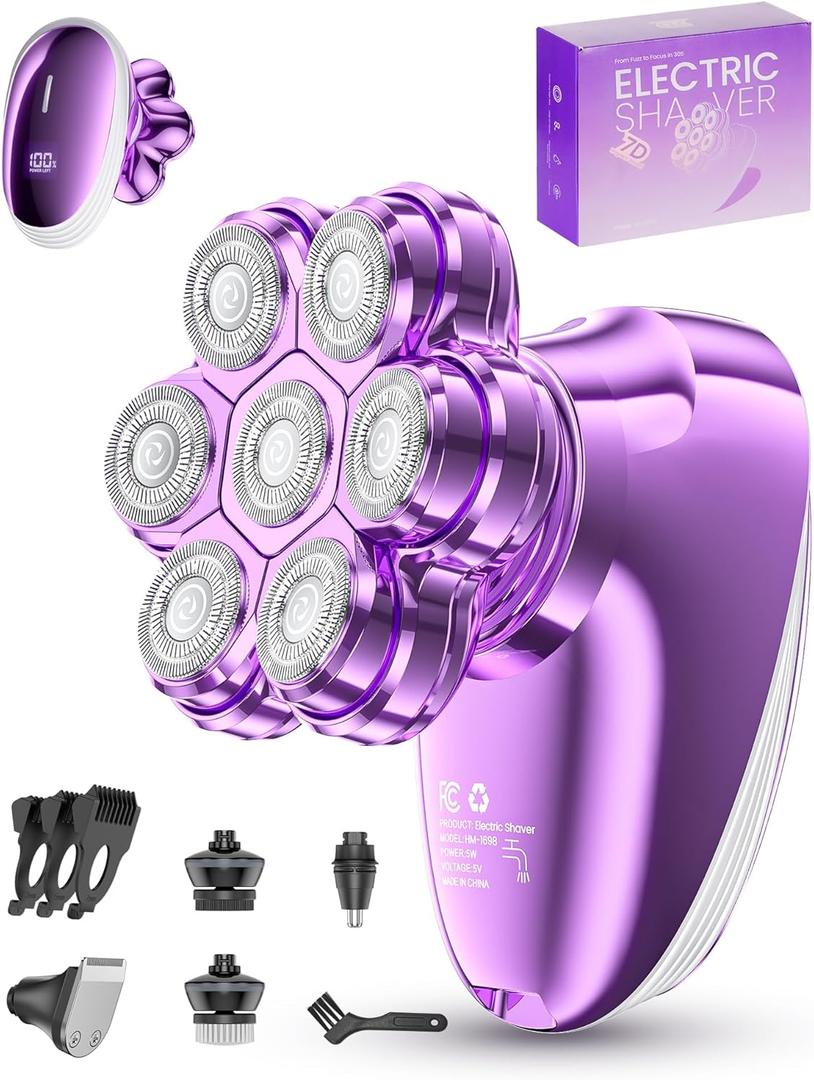 5-in-1 Electric Razors for Women, 7D Magnetic Heads Full Body Shaver, Waterproof Wet Dry Hair Remover with LED Display, Rechargeable Bikini Trimmer for Underarms, Face, Legs, Lips, Arms (Purple)