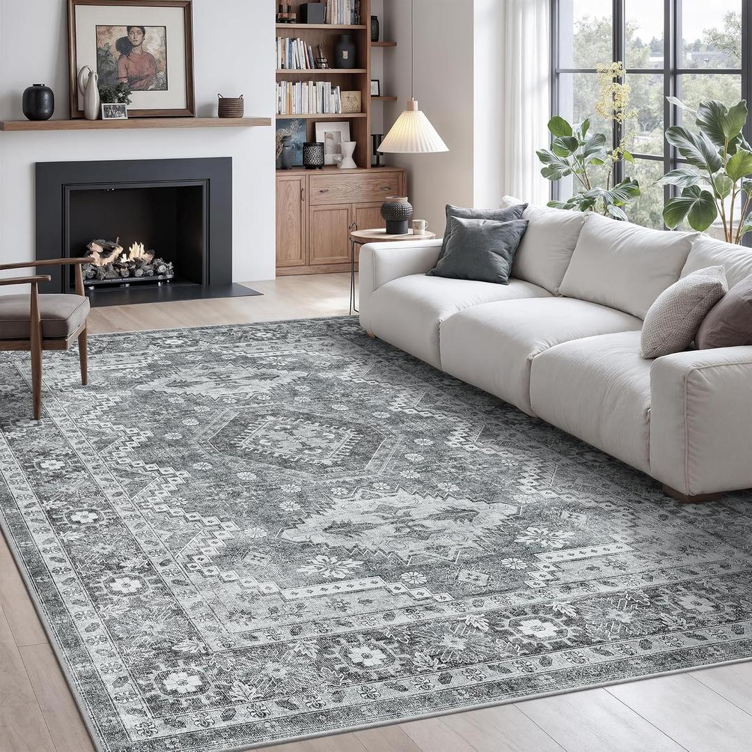 Rugland 5x7 Area Rugs - Stain Resistant Washable Rug, Anti Slip Rugs for Living Room, Vintage Tribal Area Rugs(TPR07-Grey, 5'x7')