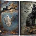 2Pcs Vintage Halloween Wall Art Black Cat Ghost Wall Decor Painting Picture Autumn Ghost Posters Prints Dark Academy Artwork for Living Room Bedroom Bathroom Decoration 12x16in Unframed