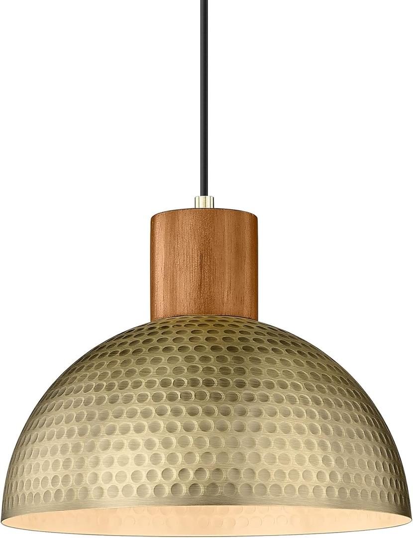 ELYONA Vintage Pendant Light Fixtures, 12 Brushed Brass Hammered Metal & Rubber Wood Industrial Dome Hanging Lamp, Antique Gold Kitchen Pendant Light for Island, Farmhouse, Sink, Dining Room, Hallway