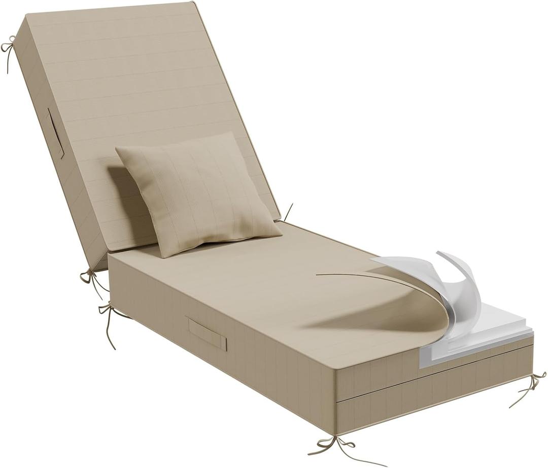 Outdoor Water-Resistant Olefin Chaise Lounge Cushions with Pillow, Weather and Fade Resistant Patio Furniture Lounge Chair Cushion Ideal for Patio, Lawn, Garden, Beige, 80" L x 26" W x 5" T