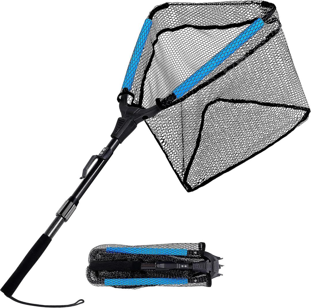 PLUSINNO Fishing Net Fish Floating Landing Net, Kayak Nets with Fixed Foldable Telescopic Pole Handle, Bass Trout Fishing Nets with Nylon Mesh for Pond Lake River, Fishing Gear Gifts for Men Anglers, 0.9M