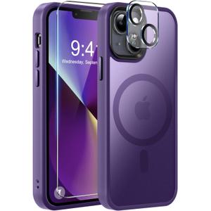 MOCCA Strong Magnetic for iPhone 13 Case, [Compatible with Magsafe][Screen Protector+Camera Lens Protector] Translucent Matte Back Slim Shockproof Case for iPhone 13 Phone Case 6.1", Deep Purple