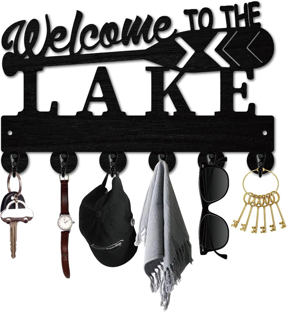 Lake House Key Holder Black Key Holder Wall Mount 11.8 x 7.5 Inch Welcome to The Lake Wooden Keychain Hanger Organizer Rack with 6Pcs Hooks for Front Door Office Bedroom Gift Bags Hanging