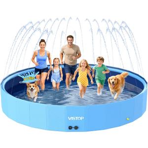 VISTOP 117" Extra Large Dog Pool with Sprinkler, Heavy Duty Foldable Hard Plastic Kiddie Pool, Non-Slip Collapsible Swimming Pool for Dogs, Kids & Pets, Portable Outdoor Backyard Water Play Tub