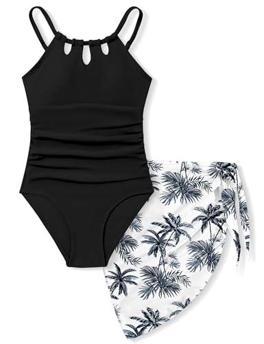 KANGKANG Girls Swimsuit, Girls Swimsuits Size 14-16 Quick Dry Cut Out One Piece Teen Bathing Suits with Tropical Print Cover Up Skirt Swimwear Set 15-16Y