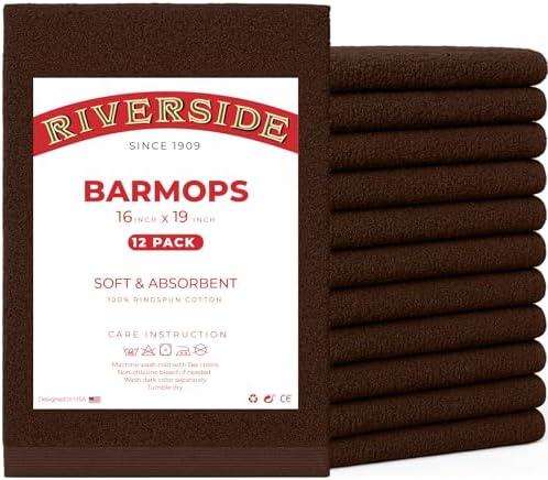 RIVERSIDE Bar Mop Towels Pack of 12, 16x19 Inches, 100% Ring Spun Cotton Terry Cloth Kitchen Towel, Highly Absorbent & Reusable Multipurpose Cleaning Rags for Bathroom, Hotel, Restaurant, Gray (Brown)