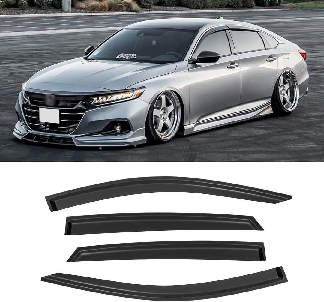 Rain Guards for 2018-2023 Honda Accord Sedan, Out-Channel Window Visor Shields Vent Deflector Shade Wind Dark Smoke 2019 2020 2021 2022 18 19 20 21 22 23, Tape-On Outside-Mount, 4PCS