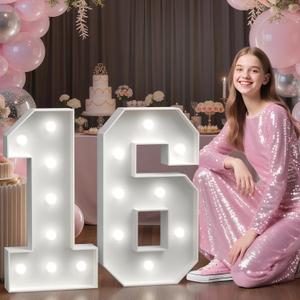 Large Marquee Numbers 16th-Birthday Decorations: 2.3FT Light-up Number Sign 16 Birthday for Boys and Girls Sweet Sixteen Years Old Party Decor Anniversary Fiesta Mosaic Balloon Cool Lights (White)