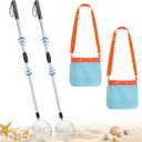 2 Pack Sand Sifter with Seashell Bags - 21.6"~33" Adjustable Shark Tooth Sifter for The Beach Seashell Collecting, Mesh Shovel Scooper with Retractable Handle, Beach Toys for Adults Family Kids