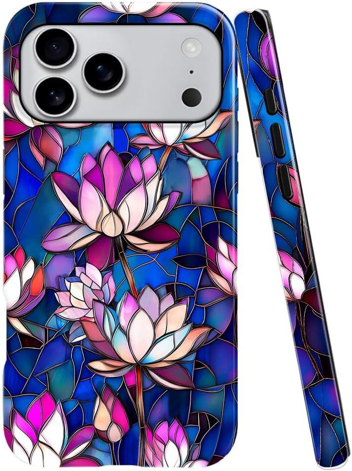 DAIZAG Case Compatible with iPhone 17 Pro Max,Glossy Durable Shock Protection Cover for Girl Women,Lotus Floral Aesthetic Stained Glass
