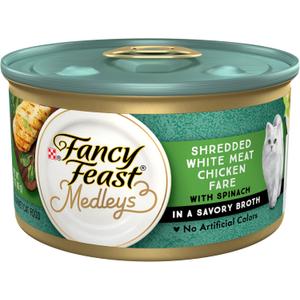 Purina Fancy Feast Wet Cat Food Medleys Shredded White Meat Chicken Fare With Spinach in Savory Cat Food Broth - (Pack of 24) 3 oz. Cans, Best By April, 2026
