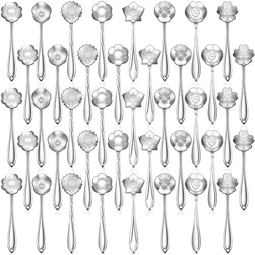 Eboot 40 Pcs Silver Flower Teaspoon Stainless Steel Tea Party Spoons Mini Cute Teaspoon Stirring Coffee Sugar Drink Demitasse Espresso Spoons for Bridal Shower Wedding Party Favors Decorations