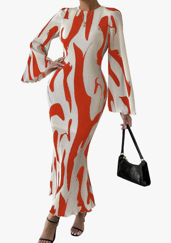 LIGHT DOT Women's Printed Bodycon Maxi Dress Long Sleeve Elegant Pleated Cocktail Dresses, Size M