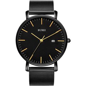 BUREI Men Watches Brown Leather Fashion Minimalist Wrist Watch Simple Ultra Thin Waterproof Quartz Watches All Black Stainless Steel Mesh Band,Gift for Men Women