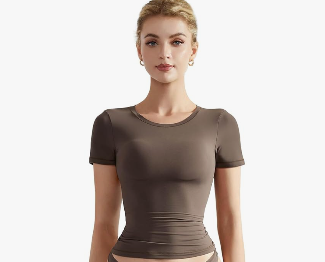 SUUKSESS Women Double Lined Fitted Basic Tee Crew Neck Short Sleeve Y2K Crop Top S