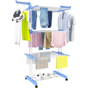 HOMIDEC Clothes Drying Rack, Large 4-Tier Foldable Drying Rack Clothing (67.7H x 19.7W x 30L Inches), Movable with 4 Castors. Multifunctional Stainless Steel Laundry Drying Rack, Blue