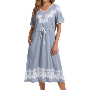 Women's Printed Nightgown, V-Neck Short Sleeve Midi Sleep Dress with Pockets, Loose Fit Comfortable Loungewear, L