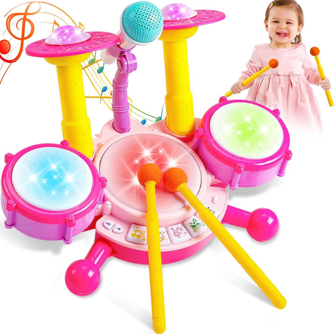 Kids Drum Set for Toddlers 1-3 Musical Baby Girl Toys for 1 Year Old Girl Gifts Educational Microphone Instruments Toys 12-18 Months Toddler Toys Age 1-2 Birthday Gifts Presents for 6 9 12 Months