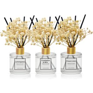 Reed Diffuser Set of 3 Pack,50ML Clean Linen Lemongrass Eucalyptus & Mint Scented Oil Diffuser with 5 Sticks,Home Fragrance Reed Diffuser for Bedroom Bathroom Office