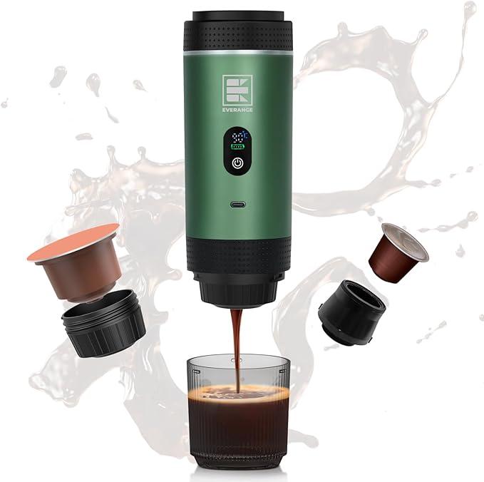 EVERANGE Portable Electric Espresso Machine, Travel Coffee Maker Brewer Compatible with Ground Coffee & NS Capsules (Green with LCD Screen)