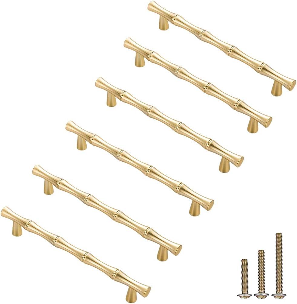 6Pcs Bamboo Shape Solid Zinc Alloy Cabinet Knobs Handles, Dresser Drawer Cabinet Cupboard Closet Door Pulls Decorative Furniture Accessories Knobs (Length 6.1"/Hole Distance 5", Golden)