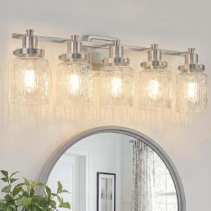 5 Lights Bathroom Light Fixtures Farmhouse Brushed Nickel Vanity Lights for Bathroom Lighting Fixtures Over Mirror with Hammered Glass Lampshade for Cabinet Mirror Bedroom Hallway