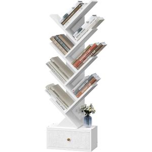 9 Tier Tree Book Shelf with Drawer, Floor Standing Bookshelf Storage Organizer Bookshelves for Books/CDs, 9 Shelf Narrow Bookcase for Sturdy Room, Bedroom, Living Room, White