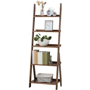 Ladder Shelf Bookshelf, 5-Tier Leaning Shelf, Free Standing Organizer Storage Shelves, Storage Rack Shelf for Office, Living Room, Brown