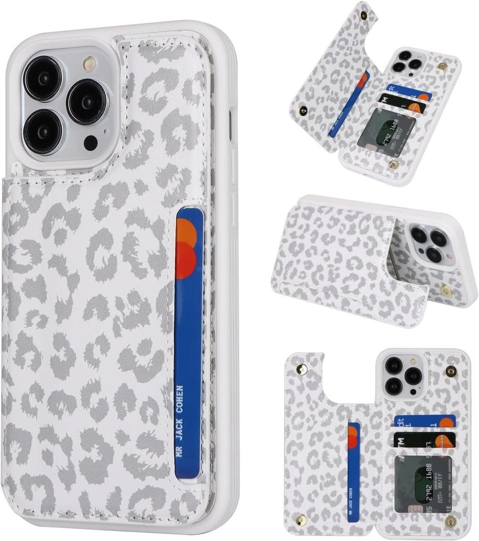 iCoverCase Compatible with iPhone 13 Pro Max Wallet Phone Case with Card Holder for Women Men, RFID Blocking PU Leather Case 6.7 Inch (Gray Leopard)