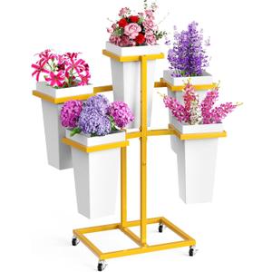 Flower Display Stand with Buckets Wedding Flower Cart with Wheels, Gold Flower Pot Stand, Moving Florist Bouquet Shelf for Weddings Party Bridal Shower Event Patio Garden Living Room Decor (16.54"L x 12.6"W x 31.5"H)