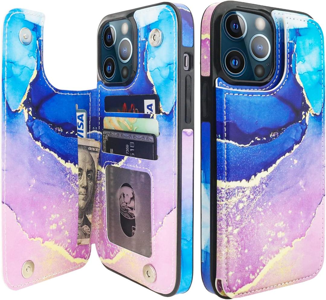 HAOPINSH for iPhone 13 Pro Max Wallet Case with Card Holder, Blue Purple Marble Pattern Back Folio Flip PU Leather Kickstand Card Slots Case, Double Magnetic Clasp Durable Shockproof Cover 6.7"