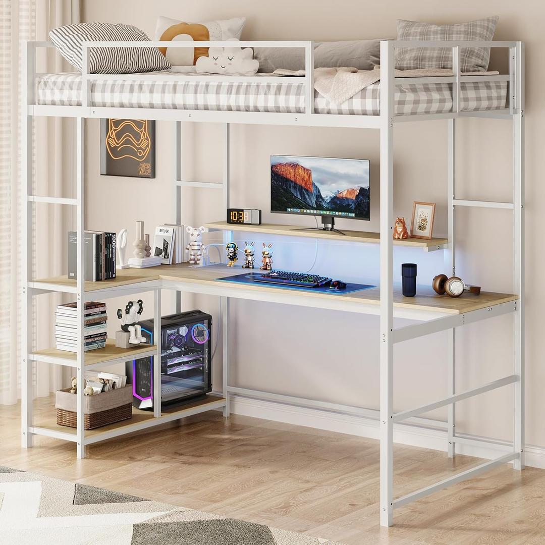 Tatub Twin Loft Bed with Large L Shape Desk and LED Lights, Metal Loft Bed Frame with Ladder, Storage Shelves and Adjustable Monitor Stand, Space-Saving Bed for Teens, Kids, Adults