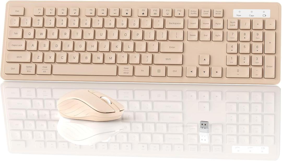 Wireless Keyboard Mouse Combo - 2.4Ghz Office Quiet Keyboard and Mouse Wireless - 104 Keys Full Size Ergonomic Key Board for Laptop, Computer, PC, Notebook (Full Size Khaki)
