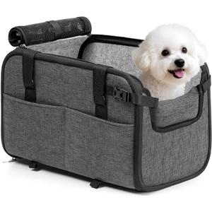 YUDODO Large Dog Car Seat for Center Console (Width9.5in) Fits 10-20lbs, Anti-Slip Puppy Cat Travel Portable Booster Seat, Luxury Pet Car Bed Carseat PU Leather Gray