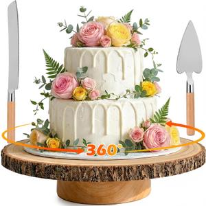 Cake Turntable 12" Wooden Cake Stand with Cake Cutting Set Rustic Cake Stand for Wedding/Party/Baby Baptism/Reception Event/Rotating Cake Display Stand