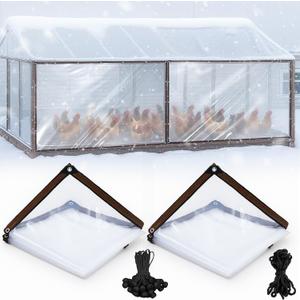 VitalCozy 2 Pcs Chicken Coop Cover 11.5 x 6.6 ft Waterproof Clear Tarp Heavy Duty PVC Vinyl Chicken Run Cover Coop Accessories for Outdoor Winter with 30 Pcs Ball Bungees Cords