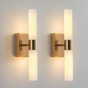 KUZZULL Modern Wall Sconces, Set of 2 Brushed Brass Gold, Frosted Glass Shade, Indoor Wall Mounted Lights, Bathroom Sconces, 36 cm, for Bedroom Wall Lamp, 14in