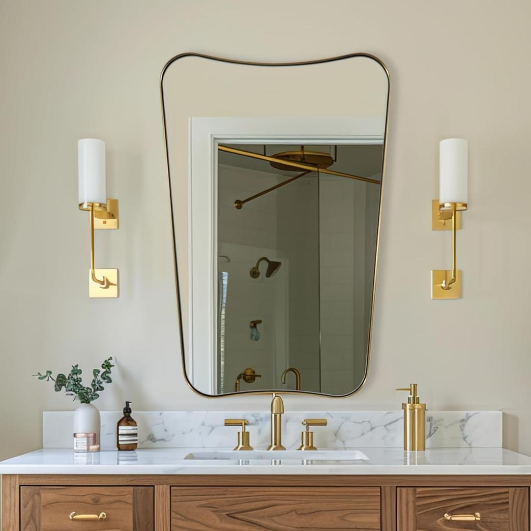 ANDY STAR Gold Mirror, 24x36 Irregular Wall Mirror, Gold Antique Bathroom Vanity Mirror, Brass Mirrors for Wall, Asymmetrical Mirror in Rust-Proof Stainless Steel Metal Frame, Wall Mount Vertically