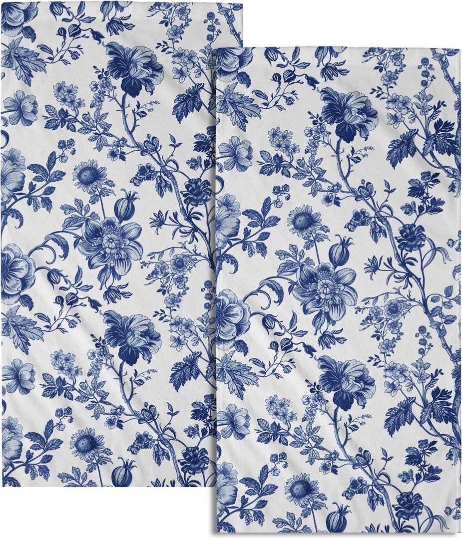 Blue Flowers Hand Towels 14.4 x 28.3 Inch Set of 2 Blue White Decorative Vintage Floral Bathroom Towels Soft Absorbent Microfiber Tea Towel Dish Towel for Sport,Yoga,Gym,Spa