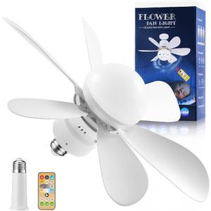 Socket Fan Light - Ceiling Fans with Lights and Remote/Socket Extender,Adjustable brightness and 3 color temperature of lighting Wind Ceiling Fan for Bedroom, Kitchen, Living Room (White)