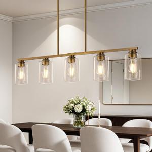 Mecgirn Island Light for Kitchen, Brushed Brass Dining Room Light Fixture Over Table, 5-Light Linear Chandelier Pendant Lighting for Dining Table Kitchen Island Living Room, 5 Light + Clear Glass