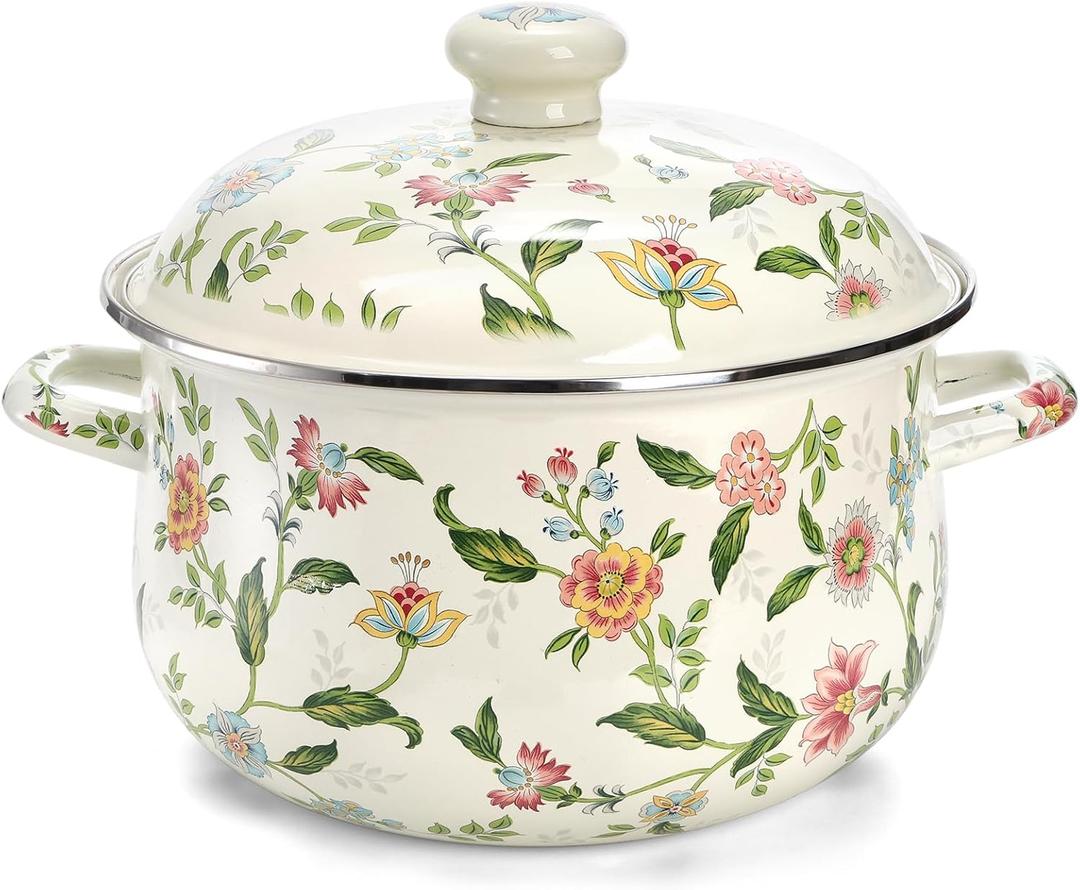 Jucoan 5 Quart Enamel Stockpot with Lid, Green Floral Enamelware Simmer Pot Cooking Pot with Dual Handles for Stovetop, Large Soup Pot Gift for Wedding Housewarming Bridal Shower