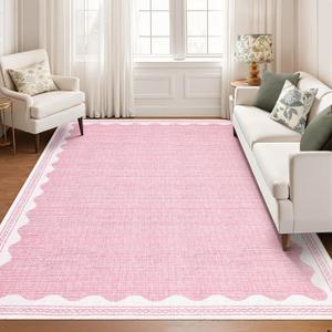 GarveeHome Scalloped Washable 8x10 Rugs for Living Room Non-Slip Solid Pink Modern Minimalism 8 x 10 Rug Low-Pile Carpet for Bedroom Dining Nursery Mat with Rubber Back
