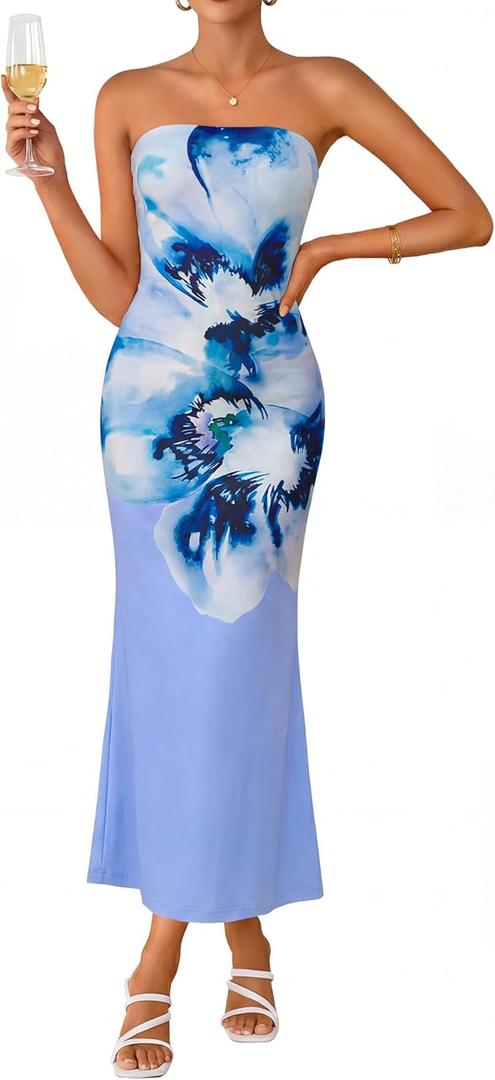 ZESICA Womens Summer Floral Bodycon Maxi Dress 2026 Formal Off Shoulder Strapless Cocktail Wedding Guest Beach Party Dresses XL Blue