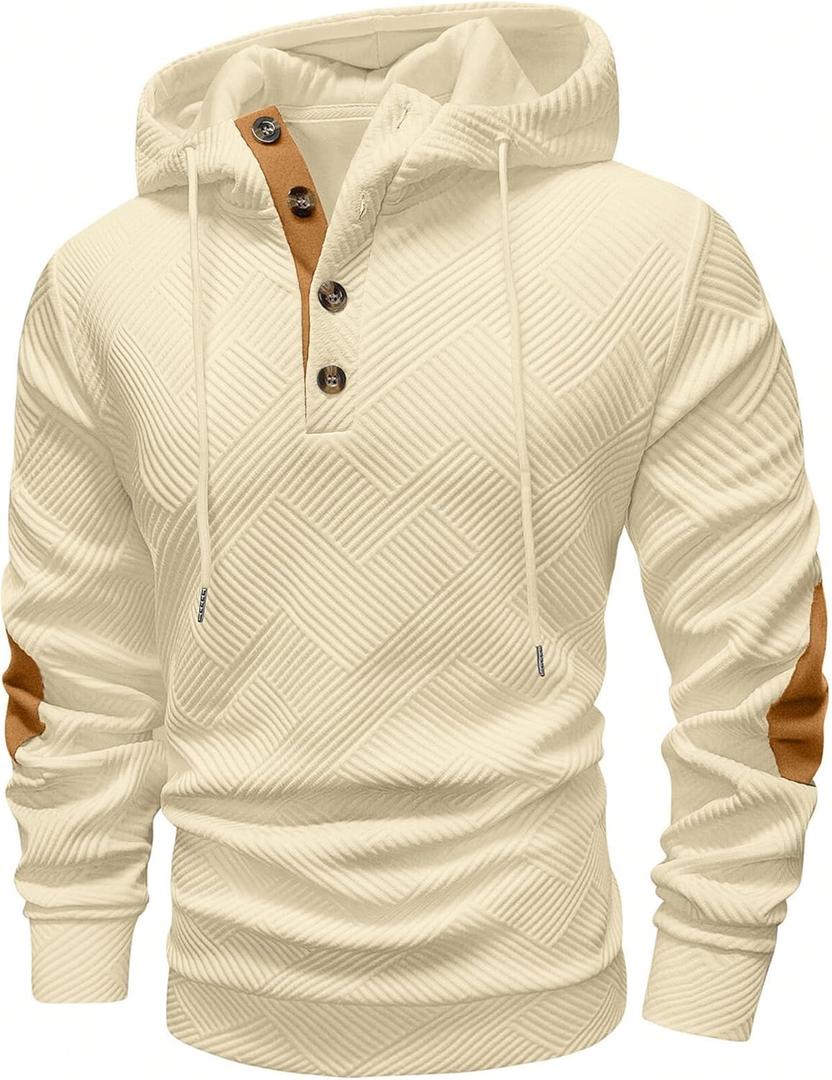 Vssjavun Mens Pullover Hoodie Casual Textured Long Sleeve Half Button Hooded Sweatshirt Beige (S)